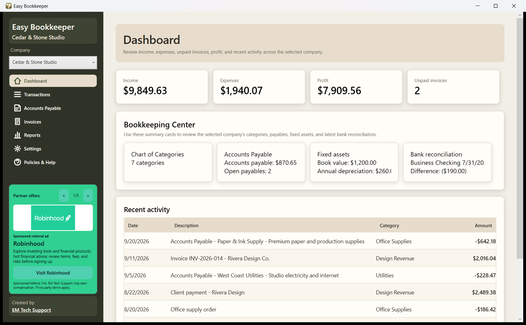 Easy Bookkeeper dashboard for Windows
